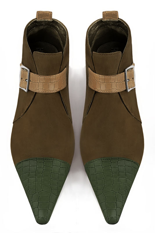 Women's forest green, chocolate brown and camel beige elegant ankle boots, with buckles at the front. Pointed toe. Low cone heels - Top view